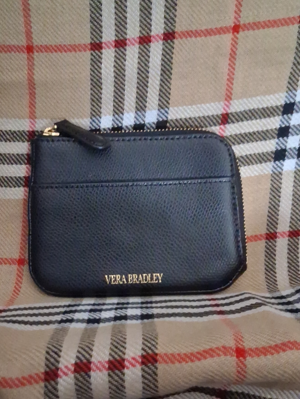 Vera Bradley Black Leather Zip Card Pouch with Gold Logo